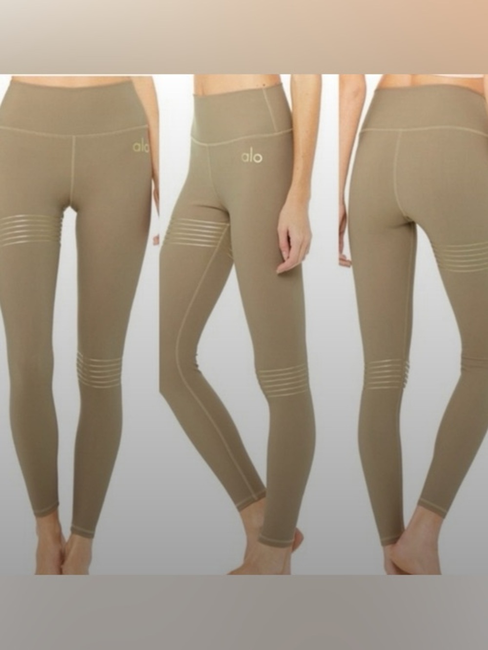 New Alo High-Waist Performance Leggings in Taupe with gold Stripe Detail Sz XS